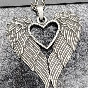 Angel Wings Heart Necklace In Antiqued Silver Tone